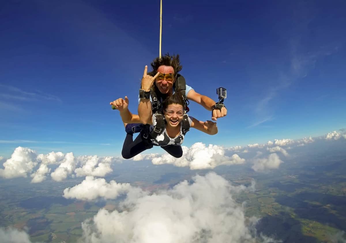Skydiving tandem two people having fun - post on What is Tandem Skydiving